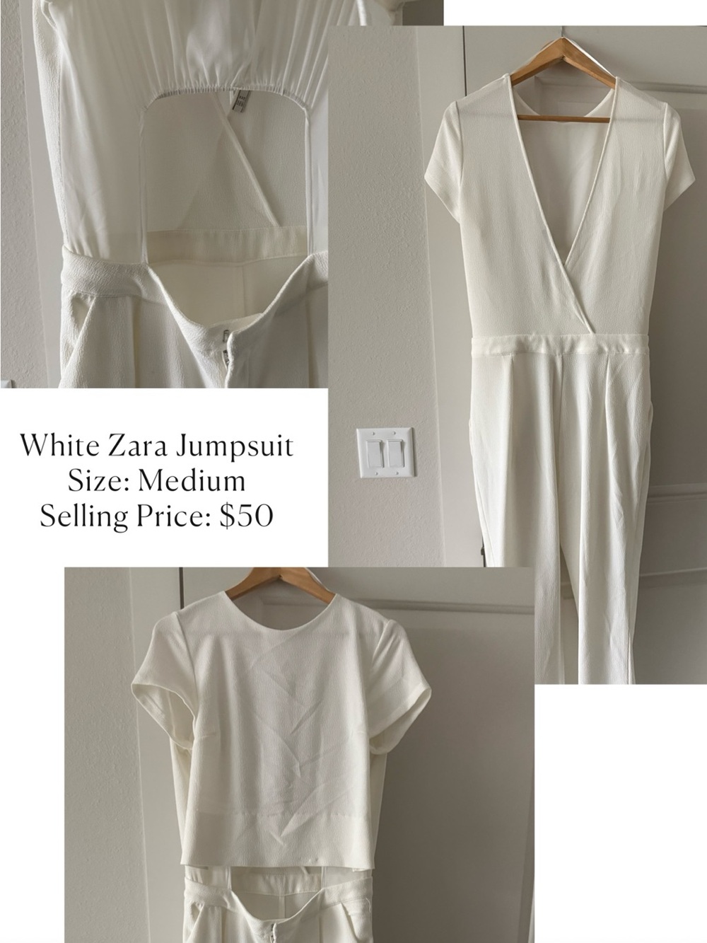 Zara Cream V-Neck Short Sleeve Jumpsuit